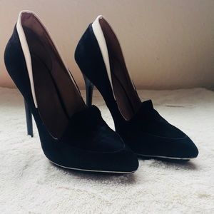 L.A.M.B. Black and White Suede Platform Pumps